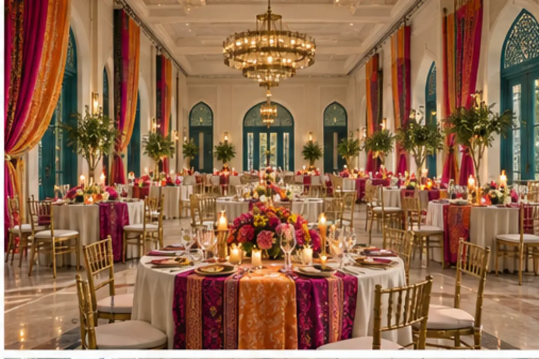 Phulkari Ballroom set for a Punjabi wedding dinner