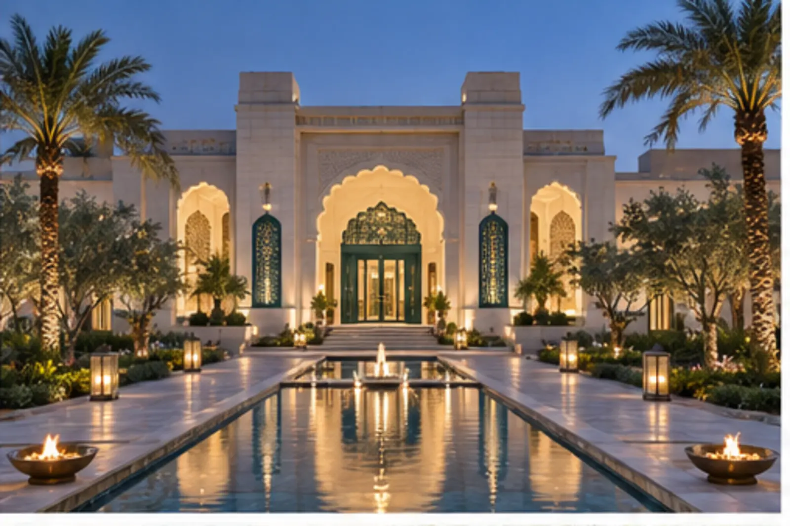 Neelaab Grand entrance illuminated at blue hour