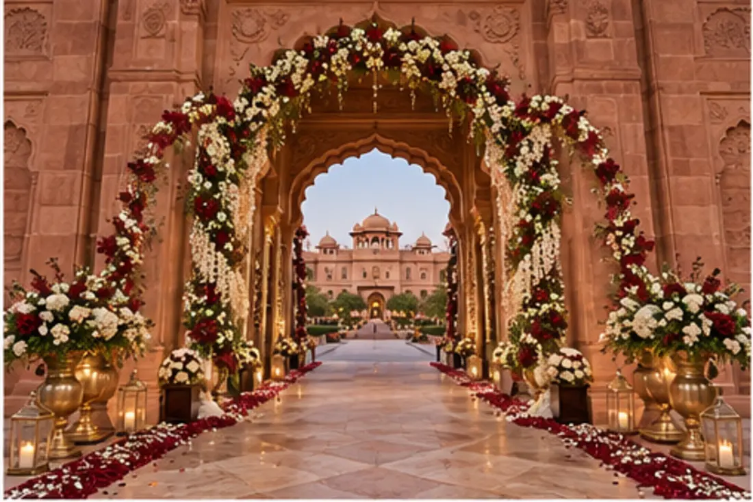 Flower-decorated palace entrance for a wedding
